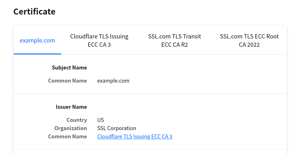 Certificate chain: example.com -> Cloudflare TLS Issuing ECC CA 3 -> SSL.com TLS Transit ECC CA R2 -> SSL.com TLS ECC Root CA 2022