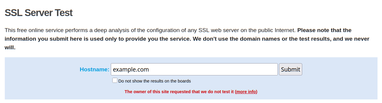 The error shows "The owner of this site requested that we do not test it".